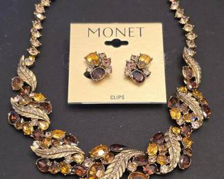Monet Autumn Leaf Necklace and Clip Earrings Set