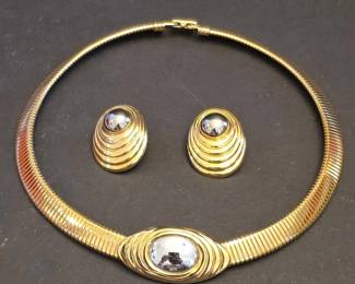 Vintage Gold Tone Omega Style Choker Necklace and Earring Set with Cabochon