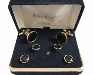 Bill Blass Black Onyx  Gold Tone Cufflinks and Stud Set