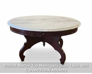Round Marble Top Mahogany Side Table with Carved Floral Accents