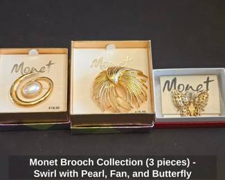 Monet Brooch Collection  pieces  Swirl with Pearl, Fan, and Butterfly
