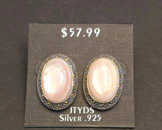Sterling Silver Mother of Pearl and Marcasite Oval Earrings