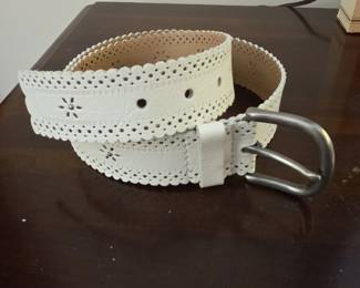 White Eyelet Leather Belt with Floral Cutouts and Scalloped Edges