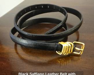 Black Saffiano Leather Belt with GoldTone Coiled Buckle