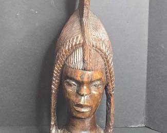 African Carved Wooden Bust of a Woman with Elaborate Headdress