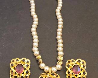 Pearl Necklace and Matching Pendant and Earring Set with AmethystColored Stones