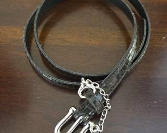 Black Embossed Leather Belt with SilverTone Double Loop Buckle and Chain