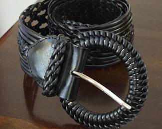 Black Braided Leather Belt with Round Buckle