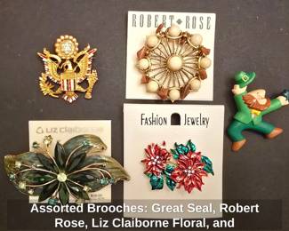 Assorted Brooches Great Seal, Robert Rose, Liz Claiborne Floral, and Leprechaun