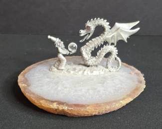 Spooniques Pewter Wizard and Dragon Figurine on Agate Slice