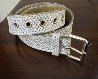 Womens White Faux Leather Rhinestone Studded Belt with Zipper Detail