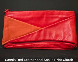Cassis Red Leather and Snake Print Clutch
