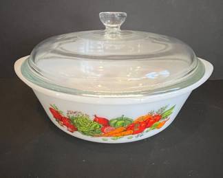 Vintage Anchor Hocking USA Vegetable Harvest Milk Glass Casserole Dish with Lid