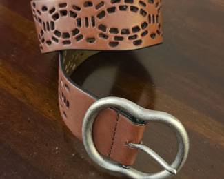 Womens Brown Leather Cutout Belt with Oval Buckle  Free People