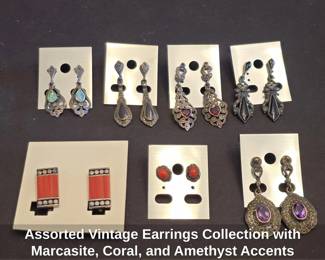 Assorted Vintage Earrings Collection with Marcasite, Coral, and Amethyst Accents