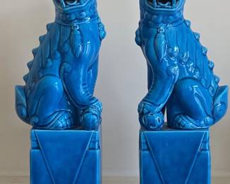 Pair of Turquoise Glazed Ceramic Foo Dogs on Pedestals