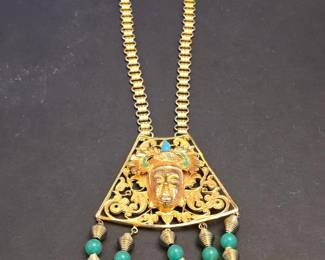 Vintage Buddha Face Pendant Necklace with Green Jade Beads
