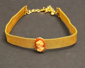 Gold Mesh Choker Necklace with Cameo Pendant