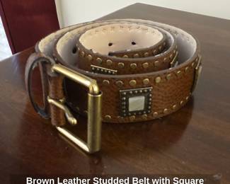Brown Leather Studded Belt with Square Mirror Insets