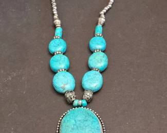 Oval Turquoise Pendant Necklace with Sterling Silver Beads