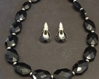 Trifari Black Faceted Bead Necklace and Earrings Set