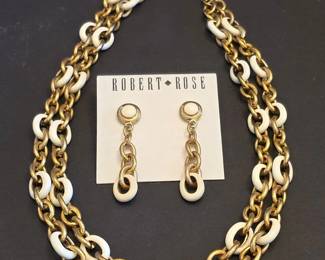 Robert Rose Gold Tone and White Enamel Link Necklace and Earring Set