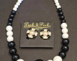 Peck  Peck Collection Black and White Beaded Necklace and Earrings Set