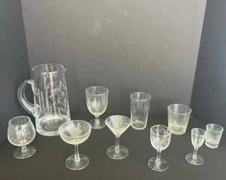 Etched Glass Barware Set with Pitcher