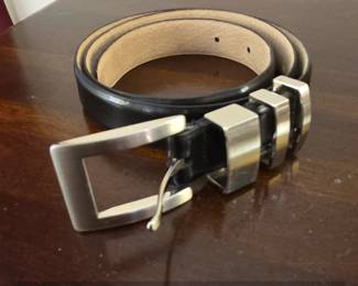 Mens Black Leather Belt with MultiBar SilverTone Buckle
