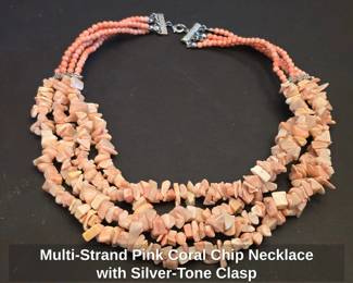 MultiStrand Pink Coral Chip Necklace with SilverTone Clasp
