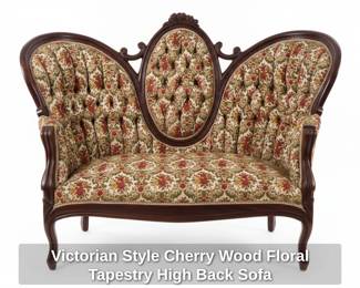 Victorian Style Cherry Wood Floral Tapestry High Back Sofa