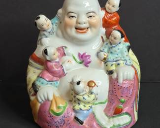 Chinese Famille Rose Porcelain Laughing Buddha with Children Figurine