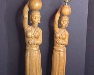 Pair of Thai Sawasdee Lady Carved Wooden Table Lamps