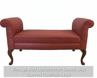 Vintage Red Upholstered Settee with Carved Cabriole Legs