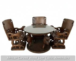 African Carved Wood Lion Table, Armchairs and Stools Set