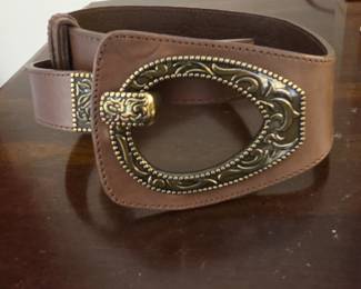 Womens Wide Leather Belt with Ornate Western Buckle