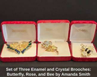 Set of Three Enamel and Crystal Brooches Butterfly, Rose, and Bee by Amanda Smith and Roman