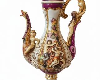 Capodimonte Porcelain Ewer with Putti and Swan, marked R. Capodimonte Keramos