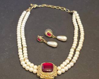 Faux Pearl Necklace and Earring Set with Red Cabochon and GoldTone Setting