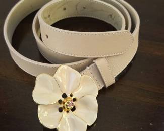 Cream Leather Belt with White Enamel Flower Buckle and Pink Gemstone
