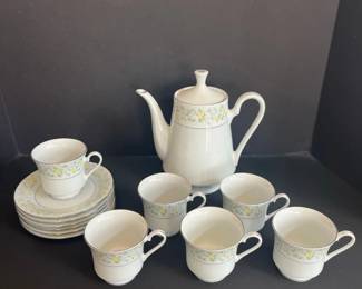 Vintage Crown Ming Spring Garden Porcelain Coffee Pot and Cups with Saucers Set