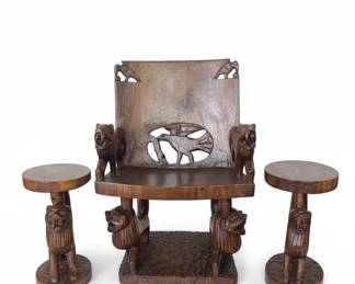African Carved Wood Lion Table, Armchairs and Stools Set second image