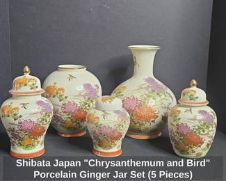 Shibata Japan Chrysanthemum and Bird Porcelain Ginger Jar Set  Pieces
