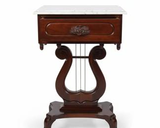 Victorian Lyre Pedestal Side Table with Marble Top and Carved Rose Motif