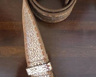 Vintage Western Charro Leather Belt with Ornate SilverTone Buckle