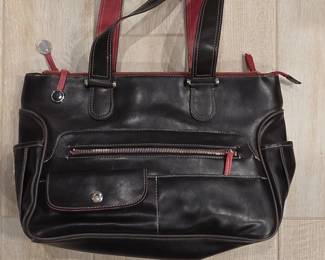 Liz Claiborne Black Leather Tote Handbag with Red Accents