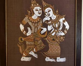 Vintage Thai Silk Painting of Kinnara Dancers