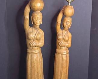 African Hand Carved Wooden Figural Lamps Pair