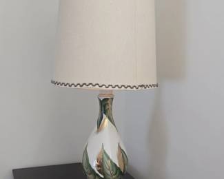 MidCentury Ceramic Table Lamp with HandPainted Green and Gold Leaf Motif