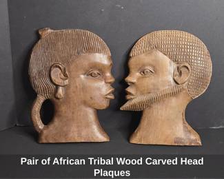 Pair of African Tribal Wood Carved Head Plaques
